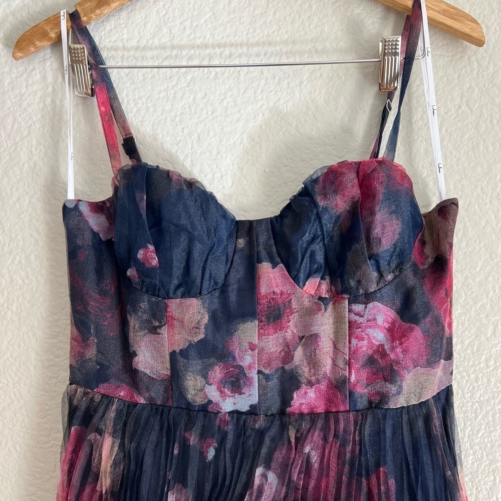 Alluring Invite Midnight Blue Floral Pleated Bustier Midi Dress - Picture 8 of 9